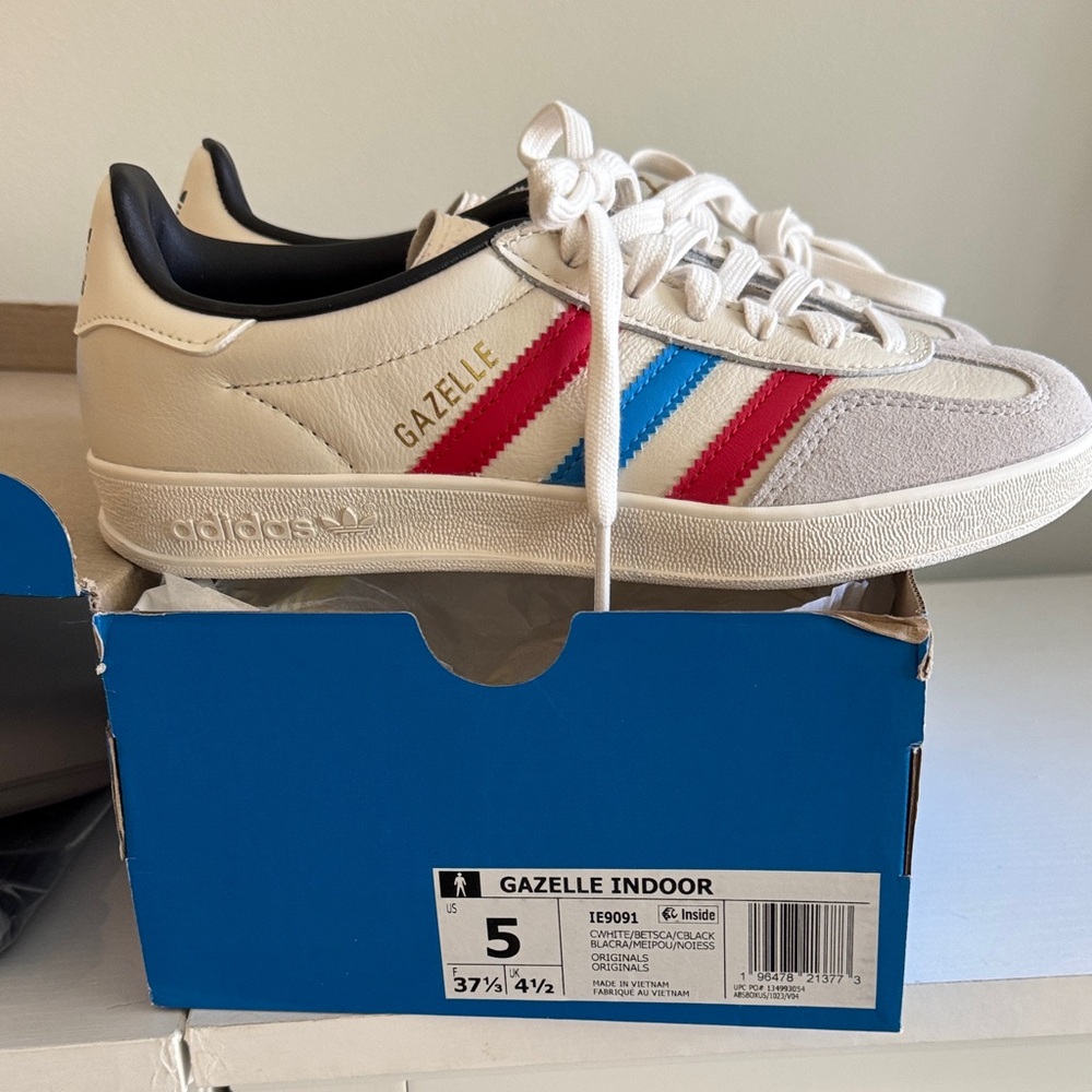 adidas Gazelle Indoor Sneakers in White with Red & Blue Stripes